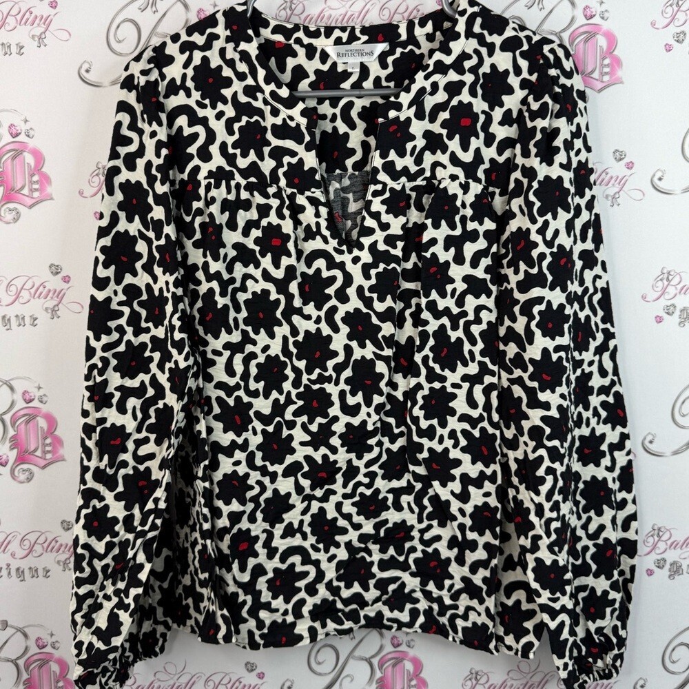 Northern Reflections long sleeve abstract, floral Black and White Floral Blouse